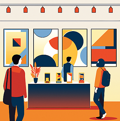 전신 여자 남자 일러스트 비즈니스 서기 성인 세명 주황색 전시 공간 군중 전시회 작품 예술품 관람 부스 박람회 행사장 성인만 국내일러스트 AI파일 컬러 모션 미술 사람 파일형식 벡터