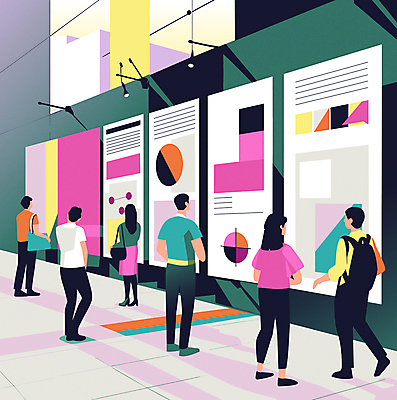전신 여자 남자 분홍색 일러스트 비즈니스 그래프 서기 여러명 성인 초록색 자료 전시 공간 직장인 비즈니스맨 비즈니스우먼 군중 전시회 관람 부스 박람회 행사장 성인만 국내일러스트 AI파일 직업 컬러 다수 모션 사람 파일형식 벡터