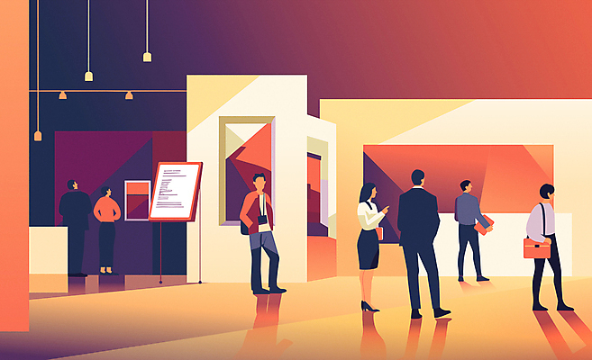 전신 여자 남자 일러스트 비즈니스 그림자 서기 여러명 성인 주황색 전시 공간 직장인 비즈니스맨 비즈니스우먼 군중 전시회 예술품 관람 부스 박람회 행사장 성인만 국내일러스트 AI파일 직업 컬러 다수 모션 사람 파일형식 벡터