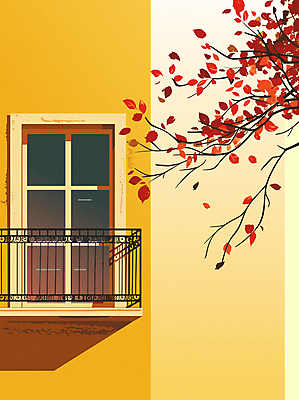 단풍 낙엽 일러스트 창문 난간 단풍나무 사람없음 노란색 발코니 가을 감성 흩날리기 국내일러스트 AI파일 나무 계절 컬러 컨셉 잎 모션 파일형식 벡터