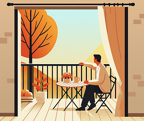 전신 남자 화분 단풍 의자 일러스트 창문 난간 탁자 단풍나무 티타임 휴식 한명 앉기 성인 주황색 머그컵 발코니 가을 커튼 감성 성인남자한명만 국내일러스트 AI파일 나무 1 계절 컬러 가구 컨셉 잎 모션 사람 컵 남자한명만 성인남자만 파일형식 벡터