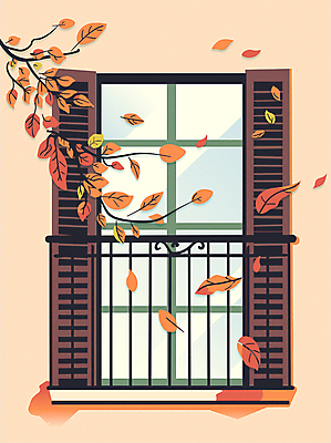 단풍 낙엽 일러스트 창문 난간 단풍나무 사람없음 주황색 발코니 가을 감성 흩날리기 국내일러스트 AI파일 나무 계절 컬러 컨셉 잎 모션 파일형식 벡터