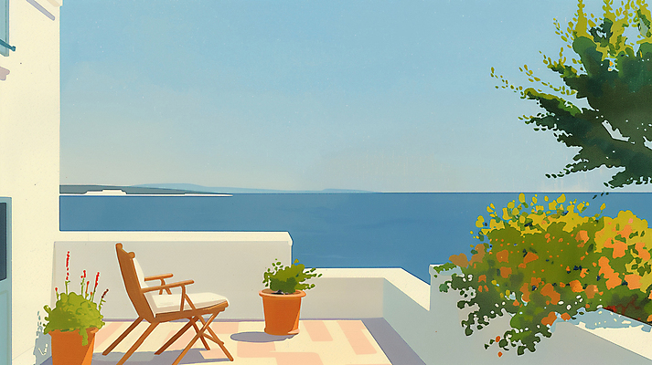 JPG 나무 꽃 화분 바다 의자 일러스트 사람없음 발코니 힐링 감성 국내일러스트 AI일러스트 AI콘텐츠 식물 가구 컨셉 파일형식