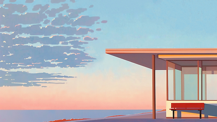 JPG 구름 바다 벤치 일러스트 창문 자연 하늘 사람없음 노을 별장 힐링 감성 국내일러스트 AI일러스트 AI콘텐츠 자연요소 컨셉 의자 주택 생태계 파일형식
