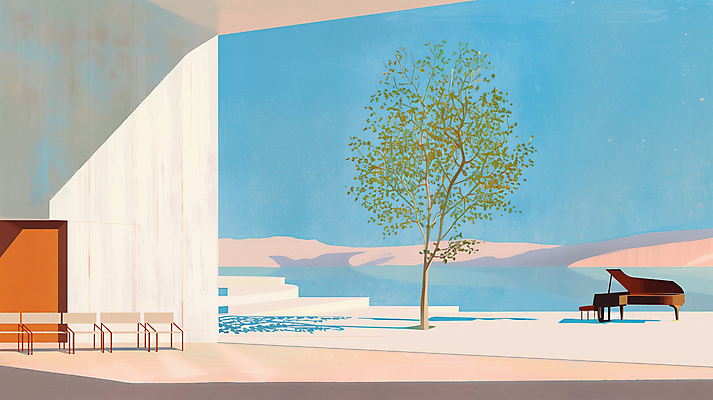 JPG 나무 구름 문화 예술 의자 일러스트 하늘 그림자 사람없음 물감 피아노 그늘 국내일러스트 AI일러스트 AI콘텐츠 자연요소 식물 가구 미술도구 건반악기 파일형식