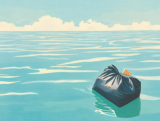 JPG 구름 바다 일러스트 하늘 사람없음 환경오염 떠있는 쓰레기 쓰레기봉투 해양오염 해양쓰레기 국내일러스트 AI일러스트 AI콘텐츠 자연요소 컨셉 모션 봉투 파일형식