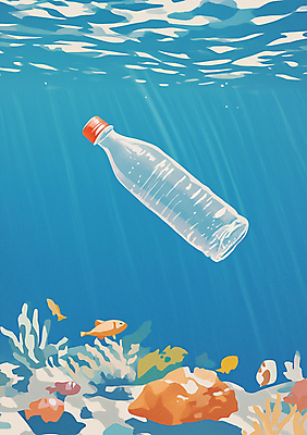 JPG 바다 일러스트 어류 사람없음 환경오염 산호초 쓰레기 물병 페트병 해양오염 해양쓰레기 국내일러스트 AI일러스트 AI콘텐츠 컨셉 수중동물 수중식물 물통 병_담는 파일형식