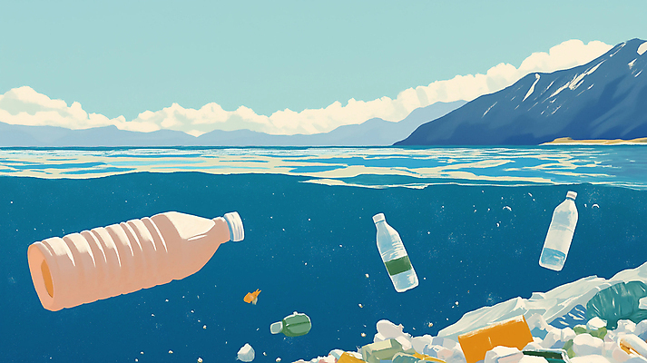 JPG 구름 바다 일러스트 하늘 산 사람없음 환경오염 페트병 물기포 해양오염 해양쓰레기 국내일러스트 AI일러스트 AI콘텐츠 자연요소 컨셉 쓰레기 병_담는 파일형식