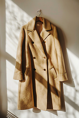 JPG 편집이미지 옷 패션 그림자 사람없음 갈색 코트 가을 옷걸이 디지털합성 편집실사 AI포토 AI콘텐츠 계절 컬러 외투 CG 파일형식