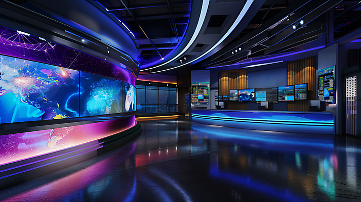 JPG 편집이미지 스튜디오 조명 실내 사람없음 반사 스크린 모니터 촬영 뉴스 디지털합성 방송 편집실사 AI포토 AI콘텐츠 내부 컴퓨터 CG 파일형식