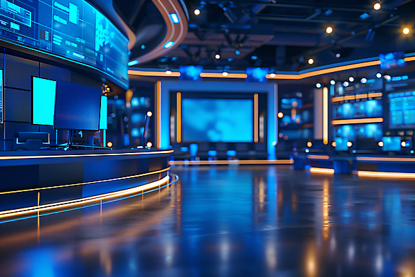 JPG 편집이미지 스튜디오 조명 실내 사람없음 파란색 반사 스크린 모니터 촬영 뉴스 디지털합성 방송 편집실사 AI포토 AI콘텐츠 컬러 내부 컴퓨터 CG 파일형식