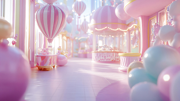 JPG 편집이미지 분홍색 상상 그림자 사람없음 야외 건물 햇빛 놀이공원 열기구 디지털합성 풍선 편집실사 AI컴퓨터그래픽 AI콘텐츠 건축물 컬러 항공교통 태양 테마파크 CG 파일형식