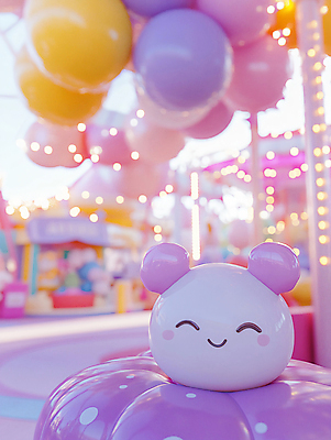 JPG 편집이미지 분홍색 상상 사람없음 야외 빛 보라색 놀이공원 놀이기구 디지털합성 오브젝트 풍선 편집실사 AI컴퓨터그래픽 AI콘텐츠 컬러 테마파크 CG 파일형식