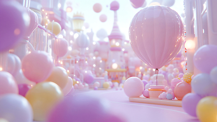 JPG 편집이미지 분홍색 상상 사람없음 야외 건물 빛 조형물 놀이공원 디지털합성 풍선 편집실사 AI컴퓨터그래픽 AI콘텐츠 건축물 컬러 미술 테마파크 CG 파일형식