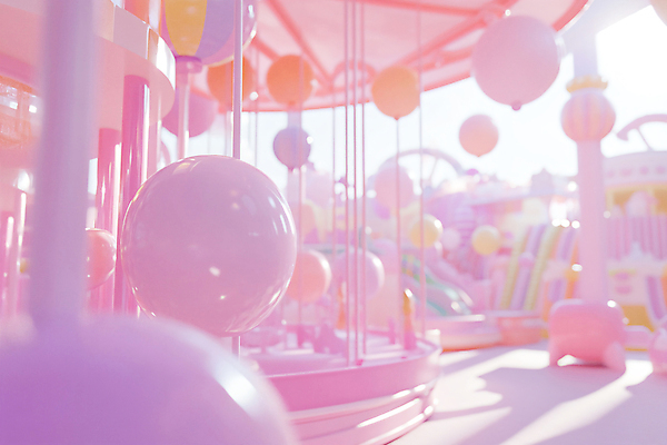 JPG 편집이미지 분홍색 상상 사람없음 야외 햇빛 놀이공원 원형 놀이기구 디지털합성 오브젝트 편집실사 AI컴퓨터그래픽 AI콘텐츠 도형 컬러 태양 테마파크 CG 파일형식