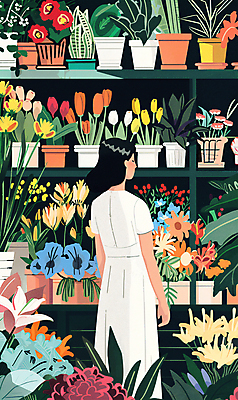 PSD 여자 꽃 화분 일러스트 선반 한명 상반신 성인 상품 꽃집 고객 감성 성인여자한명만 국내일러스트 식물 1 가구 컨셉 사람 상점 여자한명만 성인여자만 파일형식