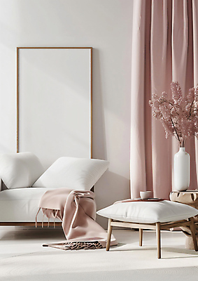 JPG 편집이미지 분홍색 액자 쿠션 실내 사람없음 인테리어 소파 꽃병 커튼 담요 드라이플라워 편집실사 AI포토 AI콘텐츠 디자인 꽃 컬러 의자 내부 CG 파일형식