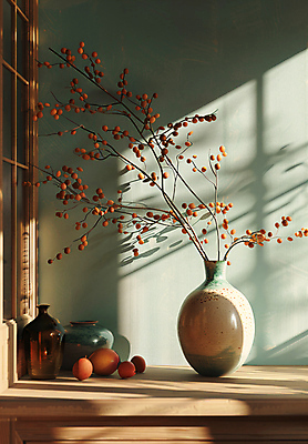 JPG 편집이미지 열매 꽃 과일 그림자 사람없음 인테리어 햇빛 가을 나뭇가지 도자기 분위기 편집실사 AI포토 AI콘텐츠 나무 식물 디자인 계절 컨셉 태양 CG 파일형식