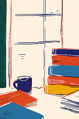 JPG 일러스트 창문 사람없음 책 독서 머그컵 가을 서재 책상 드로잉 북페스티벌 책더미 가을축제 국내일러스트 AI일러스트 AI콘텐츠 계절 가구 미술 컵 축제 무더기 파일형식 가을_계절