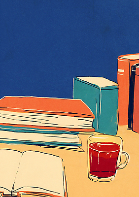 JPG 커피 일러스트 잔 사람없음 책 빨간색 파란색 독서 가을 서재 책상 드로잉 북페스티벌 책더미 가을축제 국내일러스트 AI일러스트 AI콘텐츠 식기 계절 음료 컬러 가구 미술 축제 무더기 파일형식 가을_계절