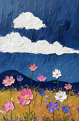 JPG 구름 예술 꽃밭 일러스트 자연 페인팅 하늘 산 초원 사람없음 들꽃 남색 질감 자연주의 아크릴물감 국내일러스트 AI일러스트 AI콘텐츠 자연요소 꽃 컬러 물감 생태계 파일형식