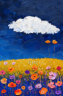 JPG 구름 예술 꽃밭 일러스트 자연 페인팅 하늘 붓터치 산 초원 사람없음 들꽃 남색 질감 동산 자연주의 아크릴물감 국내일러스트 AI일러스트 AI콘텐츠 자연요소 꽃 컬러 물감 생태계 파일형식