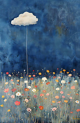 JPG 구름 예술 꽃밭 일러스트 자연 페인팅 하늘 산 초원 사람없음 들꽃 남색 자연주의 아크릴물감 국내일러스트 AI일러스트 AI콘텐츠 자연요소 꽃 컬러 물감 생태계 파일형식