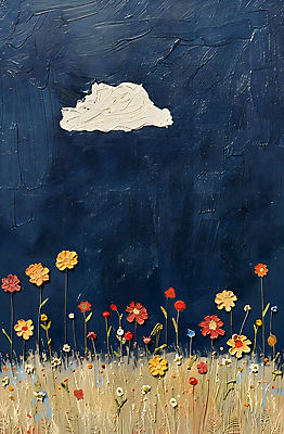 JPG 구름 예술 꽃밭 일러스트 자연 페인팅 하늘 붓터치 산 초원 사람없음 들꽃 남색 질감 자연주의 아크릴물감 국내일러스트 AI일러스트 AI콘텐츠 자연요소 꽃 컬러 물감 생태계 파일형식