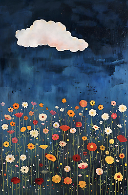 JPG 구름 예술 꽃밭 일러스트 자연 페인팅 하늘 산 초원 사람없음 들꽃 남색 자연주의 아크릴물감 국내일러스트 AI일러스트 AI콘텐츠 자연요소 꽃 컬러 물감 생태계 파일형식