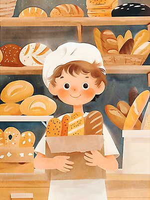 JPG 남자 행복 어린이 빵 일러스트 선반 한명 웃음 들기 소년 상반신 종이봉투 빵집 바게트 제빵 제빵사 페스츄리 소년한명만 국내일러스트 AI일러스트 AI콘텐츠 직업 1 감정 음식 가구 모션 봉투 표정 사람 제과제빵 상점 남자한명만 소년만 파일형식