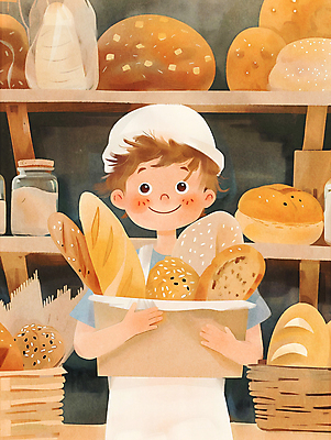 JPG 남자 행복 어린이 빵 일러스트 선반 한명 웃음 들기 소년 상반신 상자 빵집 바게트 제빵 제빵사 페스츄리 소년한명만 국내일러스트 AI일러스트 AI콘텐츠 직업 1 감정 음식 가구 모션 표정 사람 제과제빵 상점 남자한명만 소년만 파일형식