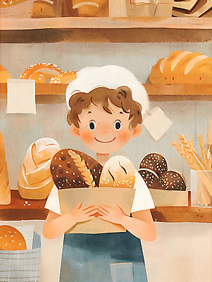 JPG 남자 행복 어린이 빵 일러스트 선반 한명 웃음 들기 소년 상반신 상자 빵집 바게트 제빵 제빵사 페스츄리 소년한명만 국내일러스트 AI일러스트 AI콘텐츠 직업 1 감정 음식 가구 모션 표정 사람 제과제빵 상점 남자한명만 소년만 파일형식