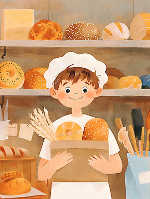 JPG 남자 행복 어린이 빵 일러스트 선반 한명 웃음 들기 소년 상반신 종이봉투 빵집 바게트 제빵 제빵사 페스츄리 소년한명만 국내일러스트 AI일러스트 AI콘텐츠 직업 1 감정 음식 가구 모션 봉투 표정 사람 제과제빵 상점 남자한명만 소년만 파일형식