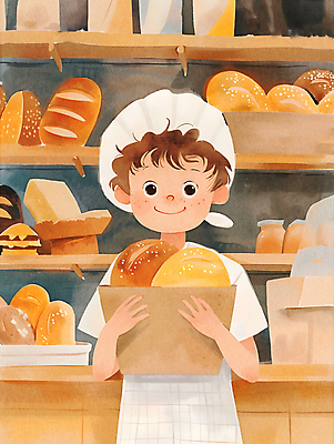 JPG 남자 행복 어린이 빵 일러스트 선반 한명 웃음 들기 소년 상반신 종이봉투 빵집 바게트 제빵 제빵사 페스츄리 소년한명만 국내일러스트 AI일러스트 AI콘텐츠 직업 1 감정 음식 가구 모션 봉투 표정 사람 제과제빵 상점 남자한명만 소년만 파일형식