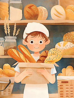 JPG 남자 행복 어린이 빵 일러스트 선반 한명 웃음 들기 소년 상반신 빵집 바게트 제빵 제빵사 페스츄리 소년한명만 국내일러스트 AI일러스트 AI콘텐츠 직업 1 감정 음식 가구 모션 표정 사람 제과제빵 상점 남자한명만 소년만 파일형식