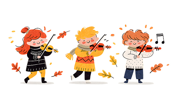 JPG 전신 여자 남자 행복 어린이 음악 단풍 연주 음표 일러스트 소녀 소년 세명 가을 그룹 바이올린 연주회 어린이만 국내일러스트 AI일러스트 AI콘텐츠 기호 계절 감정 잎 현악기 문화예술 사람 음악회 파일형식