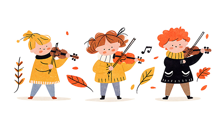 JPG 전신 여자 남자 행복 어린이 음악 단풍 연주 일러스트 소녀 소년 세명 가을 그룹 바이올린 연주회 어린이만 국내일러스트 AI일러스트 AI콘텐츠 계절 감정 잎 현악기 문화예술 사람 음악회 파일형식