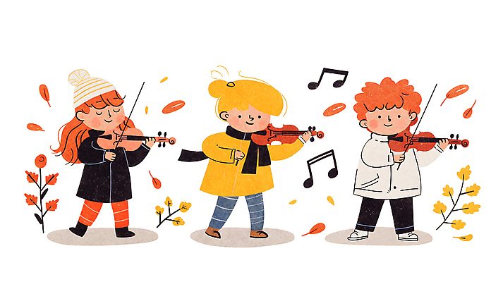 JPG 전신 여자 남자 행복 어린이 음악 단풍 연주 음표 일러스트 소녀 소년 세명 가을 그룹 바이올린 연주회 어린이만 국내일러스트 AI일러스트 AI콘텐츠 기호 계절 감정 잎 현악기 문화예술 사람 음악회 파일형식
