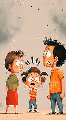 JPG 전신 여자 남자 어린이 일러스트 가족 소녀 성인 세명 놀람 육아 분노 찡그림 싸움 베이지색 분쟁 이혼 혼란 국내일러스트 AI일러스트 AI콘텐츠 감정 컬러 컨셉 관계 모션 표정 사람 파일형식