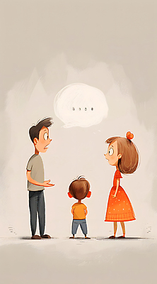 JPG 전신 여자 남자 어린이 말풍선 일러스트 가족 소년 성인 세명 놀람 육아 싸움 베이지색 분쟁 이혼 혼란 국내일러스트 AI일러스트 AI콘텐츠 감정 컬러 컨셉 관계 모션 표정 사람 파일형식