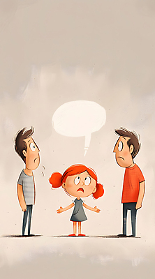 JPG 전신 여자 남자 어린이 말풍선 일러스트 가족 소녀 성인 세명 놀람 육아 싸움 베이지색 분쟁 이혼 혼란 국내일러스트 AI일러스트 AI콘텐츠 감정 컬러 컨셉 관계 모션 표정 사람 파일형식