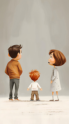 JPG 전신 여자 남자 어린이 일러스트 가족 소년 성인 세명 놀람 육아 싸움 베이지색 분쟁 이혼 혼란 국내일러스트 AI일러스트 AI콘텐츠 감정 컬러 컨셉 관계 모션 표정 사람 파일형식