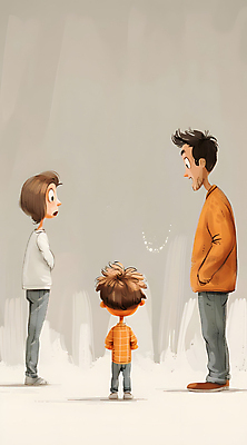 JPG 전신 여자 남자 어린이 일러스트 가족 소년 성인 세명 놀람 육아 싸움 베이지색 분쟁 이혼 혼란 국내일러스트 AI일러스트 AI콘텐츠 감정 컬러 컨셉 관계 모션 표정 사람 파일형식