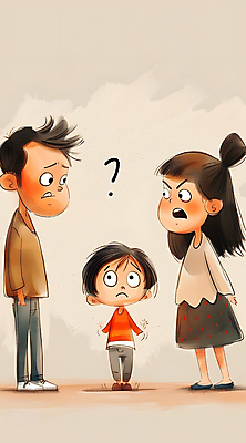 JPG 전신 여자 남자 어린이 일러스트 가족 소년 성인 세명 놀람 육아 분노 물음표 찡그림 싸움 베이지색 분쟁 이혼 혼란 국내일러스트 AI일러스트 AI콘텐츠 기호 감정 컬러 컨셉 관계 모션 표정 사람 파일형식