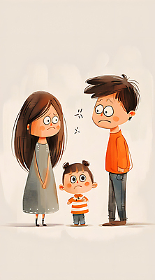 JPG 전신 여자 남자 어린이 일러스트 가족 소녀 성인 세명 놀람 육아 찡그림 싸움 손모으기 베이지색 분쟁 이혼 혼란 국내일러스트 AI일러스트 AI콘텐츠 감정 컬러 컨셉 관계 모션 표정 사람 손짓 파일형식