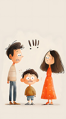 JPG 전신 여자 남자 어린이 일러스트 가족 소년 성인 세명 놀람 육아 찡그림 느낌표 싸움 베이지색 분쟁 이혼 혼란 국내일러스트 AI일러스트 AI콘텐츠 기호 감정 컬러 컨셉 관계 모션 표정 사람 파일형식