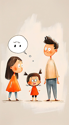 JPG 전신 여자 남자 어린이 말풍선 일러스트 가족 소녀 성인 세명 놀람 육아 찡그림 싸움 베이지색 분쟁 이혼 혼란 국내일러스트 AI일러스트 AI콘텐츠 감정 컬러 컨셉 관계 모션 표정 사람 파일형식