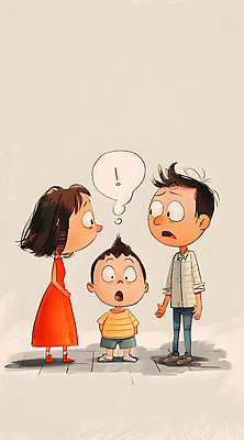 JPG 전신 여자 남자 어린이 말풍선 일러스트 가족 소년 성인 세명 놀람 육아 찡그림 느낌표 싸움 베이지색 분쟁 이혼 혼란 국내일러스트 AI일러스트 AI콘텐츠 기호 감정 컬러 컨셉 관계 모션 표정 사람 파일형식