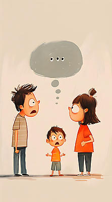 JPG 전신 여자 남자 어린이 말풍선 일러스트 가족 소년 성인 세명 놀람 육아 싸움 베이지색 분쟁 이혼 혼란 국내일러스트 AI일러스트 AI콘텐츠 감정 컬러 컨셉 관계 모션 표정 사람 파일형식