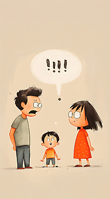 JPG 전신 여자 남자 어린이 말풍선 일러스트 가족 소년 성인 세명 놀람 육아 찡그림 느낌표 싸움 베이지색 분쟁 이혼 혼란 국내일러스트 AI일러스트 AI콘텐츠 기호 감정 컬러 컨셉 관계 모션 표정 사람 파일형식